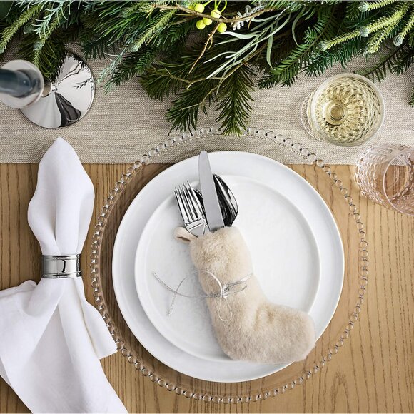 NWT Crate & Barrel Holiday Faux Fur Ivory Flatware Stocking, Set of 4 - Picture 2 of 7